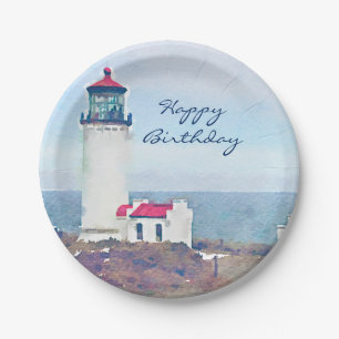 North Head Lighthouse Ilwaco, WA Watercolor Print Paper Plate