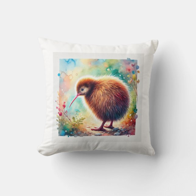 North Island Brown Kiwi 210724AREF124 - Watercolor Throw Pillow (Front)