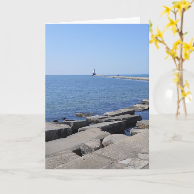 North Pierhead Lighthouse, Ludington, MI Notecard (Yellow Flower)