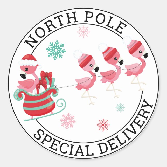 North Pole Christmas Flamingo Special Delivery Classic Round Sticker (Front)