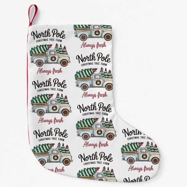 North Pole Christmas Tree Farm Always Fresh Truck Small Christmas Stocking (Front)