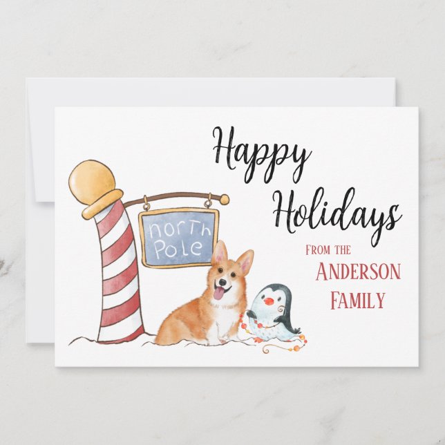North Pole Corgi Festive Christmas Holiday Card (Front)