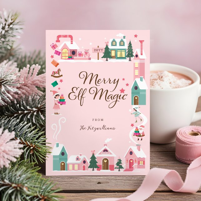 North Pole Elf Workshop Santa Claus Pink Village Holiday Card (North Pole Elf Workshop Santa Claus Pink Village Holiday Card)