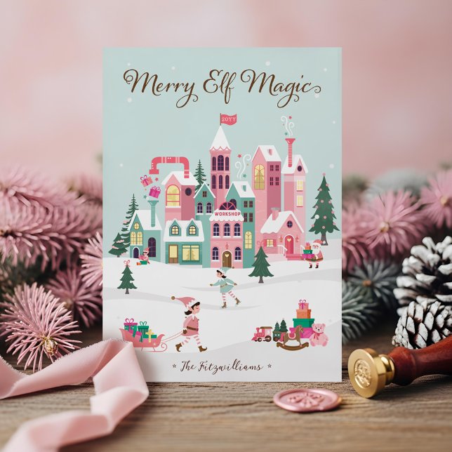 North Pole Elf Workshop Santa Claus Pink Village Holiday Card (North Pole Elf Workshop Santa Claus Pink Village Holiday Card)