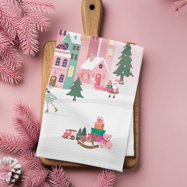 North Pole Elf Workshop Santa Claus Pink Village Kitchen Towel (North Pole Elf Workshop Santa Claus Pink Village Kitchen Towel)