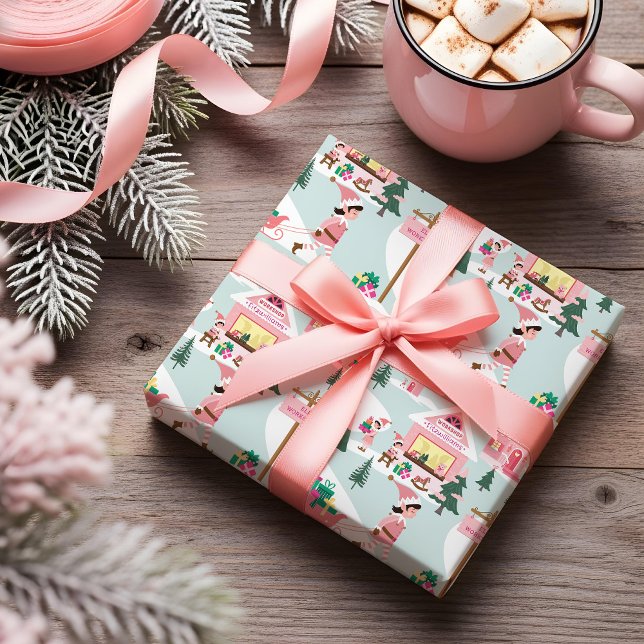 North Pole Elf Workshop Santa Claus Pink Village Wrapping Paper (North Pole Elf Workshop Santa Claus Pink Village Wrapping Paper)