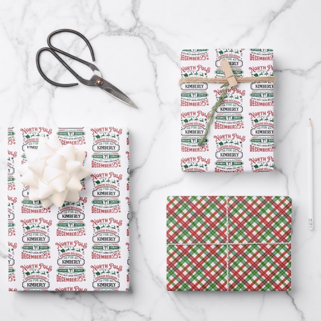 North Pole Express Delivery Personalized Christmas Wrapping Paper Sheet (Front)