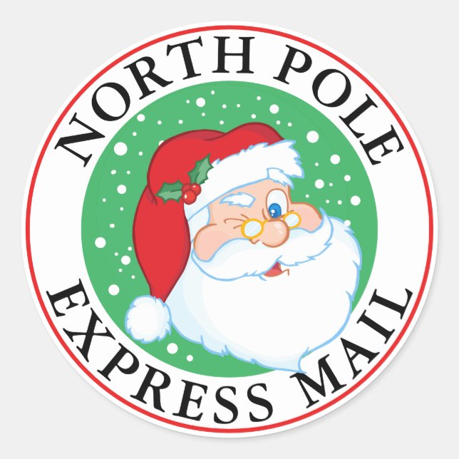 North Pole Express Mail Christmas Winking Santa Classic Round Sticker (Front)