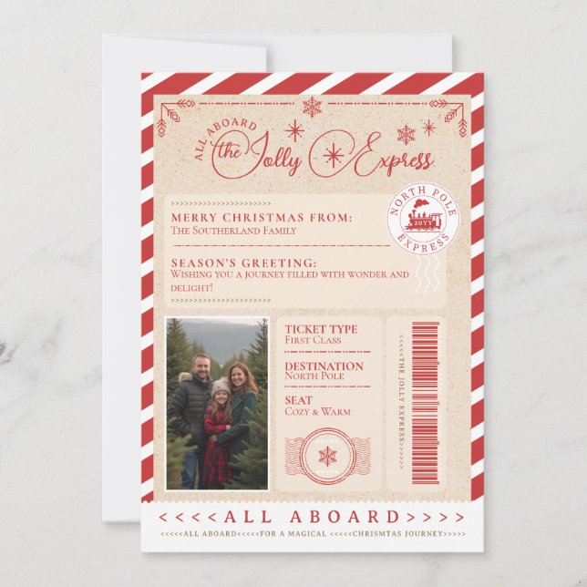 North Pole Express Train Ticket Christmas Photo Holiday Card (Front)