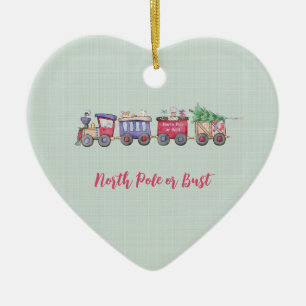 North Pole or Bust Choo Choo Train Custom Heart Ceramic Ornament