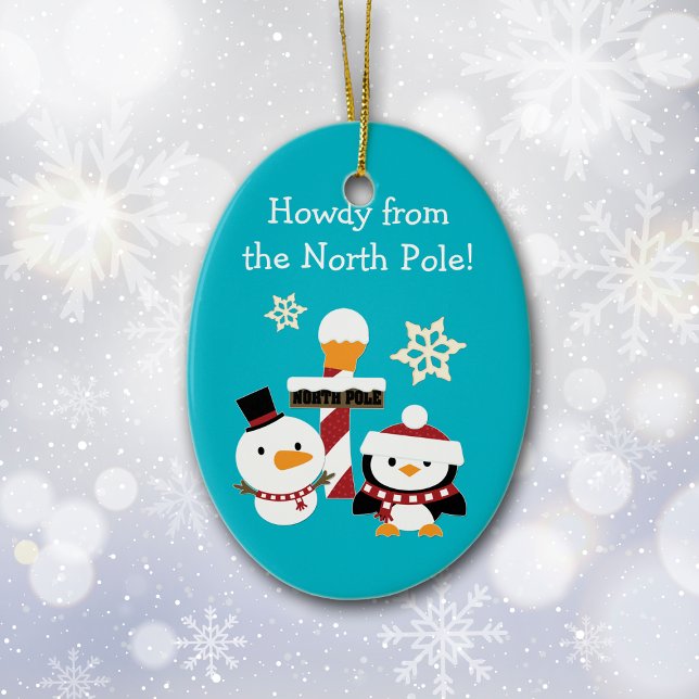 North Pole Penguin Snowman Kids Christmas Ceramic Ornament (Creator Uploaded)