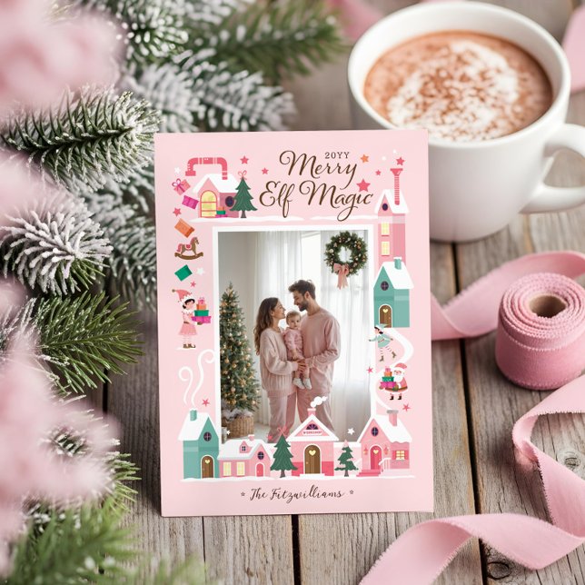 North Pole Pink Elf Workshop Santa Photo Holiday Card (North Pole Pink Elf Workshop Santa Photo Holiday Card)