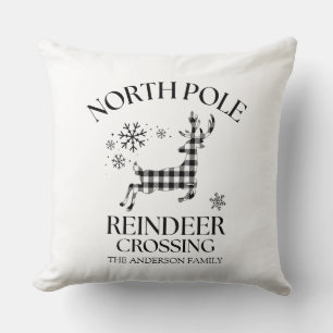 North Pole Reindeer Crossing Buffalo Plaid Throw Pillow
