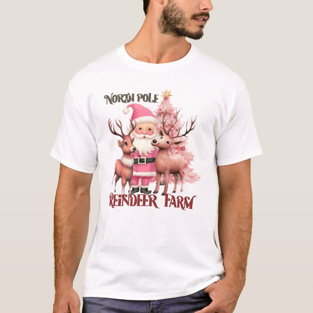 North Pole Reindeer Farm - Pink Christmas T-Shirt (Front)
