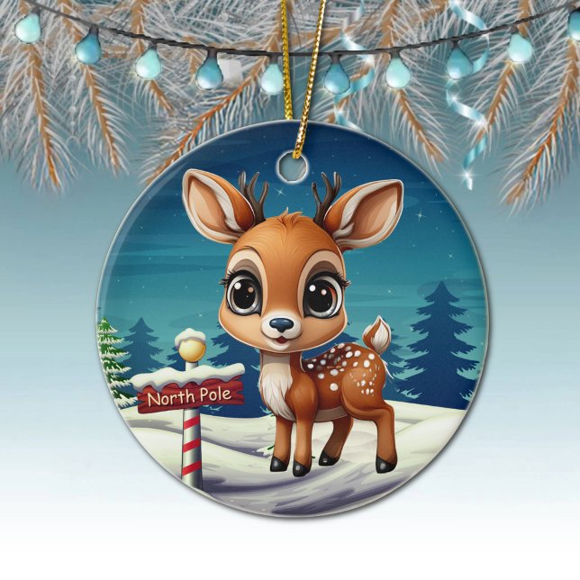 North Pole Reindeer Whimsical Character Decor 🎄🦌 Ceramic Ornament (North Pole Reindeer Hanging Christmas Decor, Whimsical Deer Character  Ornament, Doe, Antlers 🎄🦌)