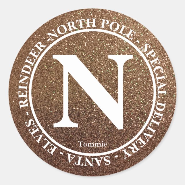 North Pole Santa Delivery Name Gold Glitter Logo Classic Round Sticker (Front)