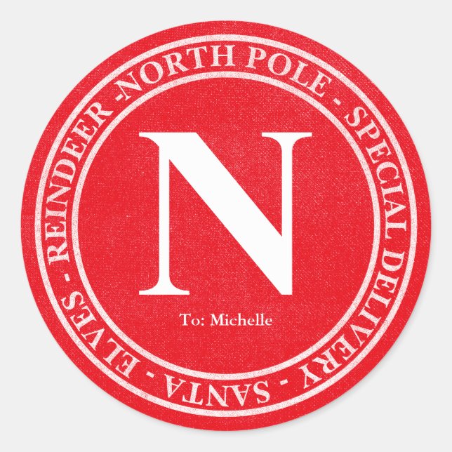 North Pole Santa Logo Special Delivery Name Red 2 Classic Round Sticker (Front)