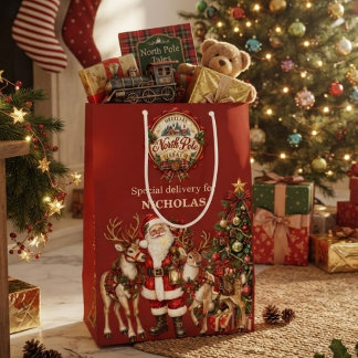 North Pole Santa Reindeer Christmas Custom Name Medium Gift Bag