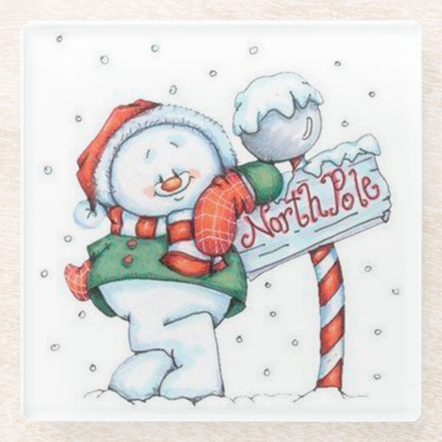 North Pole Snowman Glass Coaster (Front)
