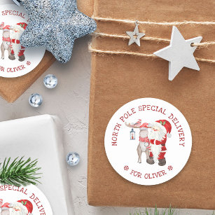 North Pole Special Delivery Cute Santa & Reindeer Classic Round Sticker