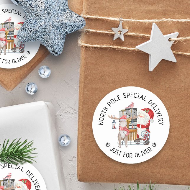 North Pole Special Delivery Santa and Reindeer Classic Round Sticker (North Pole Special Delivery santa sticker - personalized with child's name)