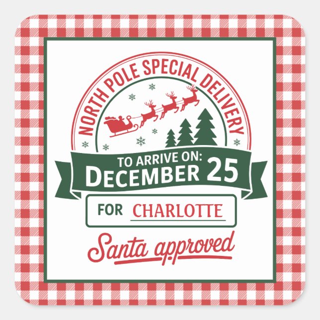 North Pole Special Santa Delivery Plaid Square Sticker (Front)