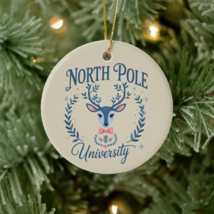 North Pole University Xmas Chinoiserie Reindeer Ceramic Ornament