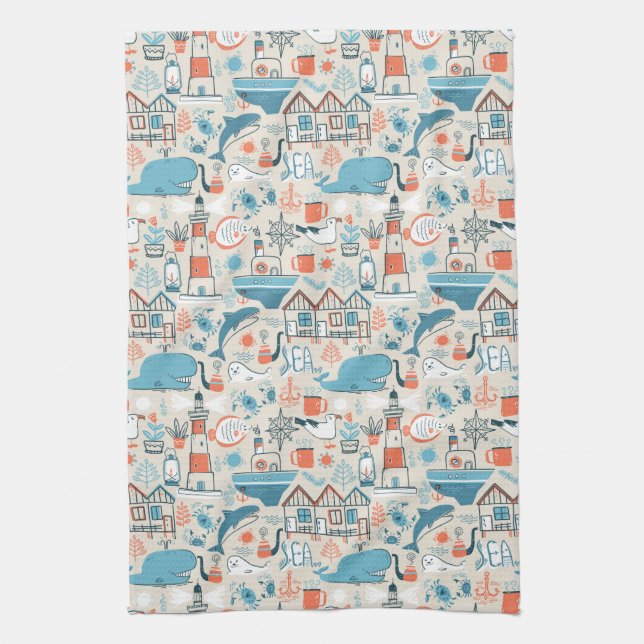North Sea Cute Doodle Pattern Kitchen Towel (Vertical)