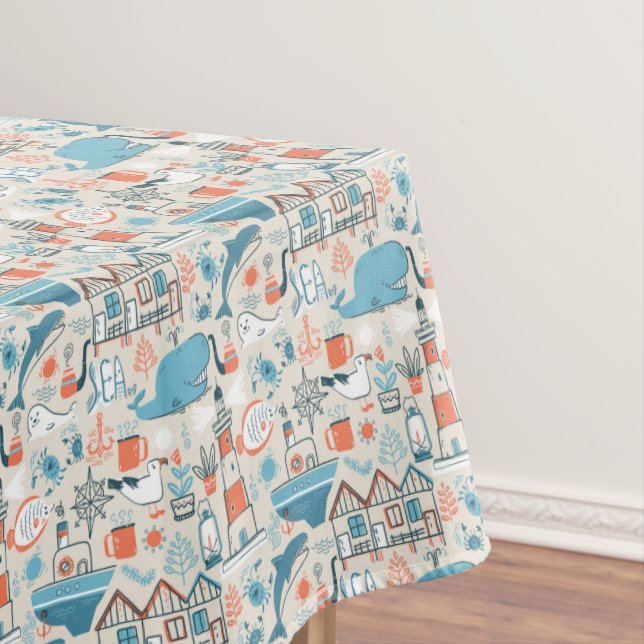 North Sea Cute Doodle Pattern Tablecloth (In Situ)