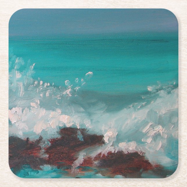 "North Shore Waves" 2, Oil Painting Square Paper Coaster (Front)