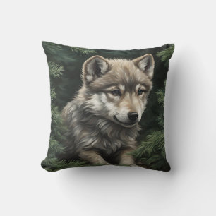 North Woods Wolf Cub Throw Pillow