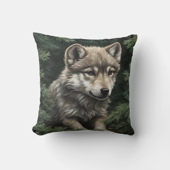 North Woods Wolf Cub Throw Pillow (Front)