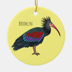 Northern bald ibis bird cartoon illustration ceramic ornament