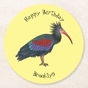Northern bald ibis bird cartoon illustration  round paper coaster