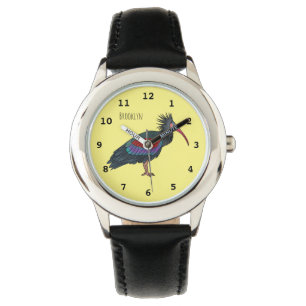 Northern bald ibis bird cartoon illustration watch
