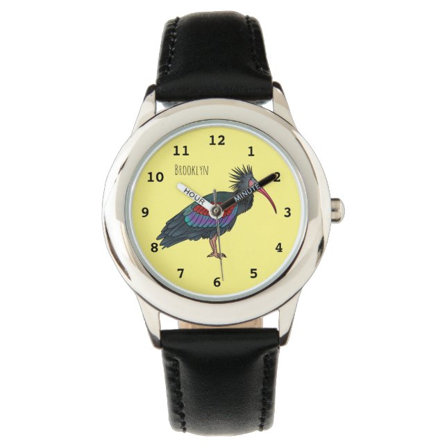 Northern bald ibis bird cartoon illustration watch (Front)