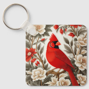 Northern Cardinal Bird Beautiful Floral Keychain