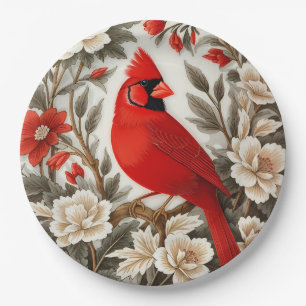 Northern Cardinal Bird Beautiful Floral Paper Plate