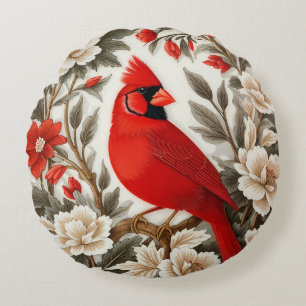 Northern Cardinal Bird Beautiful Floral Round Pillow