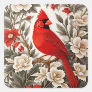 Northern Cardinal Bird Beautiful Floral Square Sticker