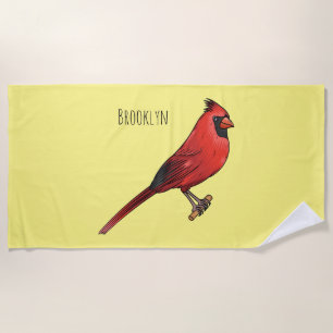 Northern cardinal bird cartoon illustration beach towel