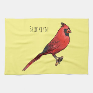 Northern cardinal bird cartoon illustration kitchen towel