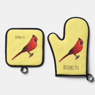 Northern cardinal bird cartoon illustration  oven mitt & pot holder set