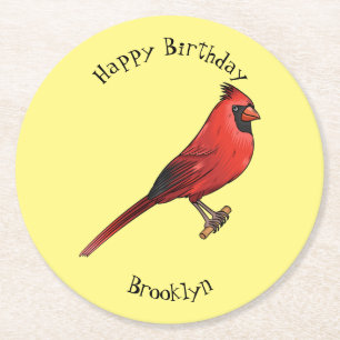Northern cardinal bird cartoon illustration round paper coaster
