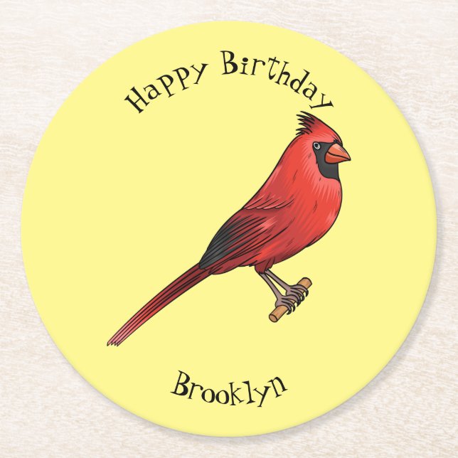 Northern cardinal bird cartoon illustration  round paper coaster (Front)