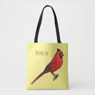 Northern cardinal bird cartoon illustration tote bag