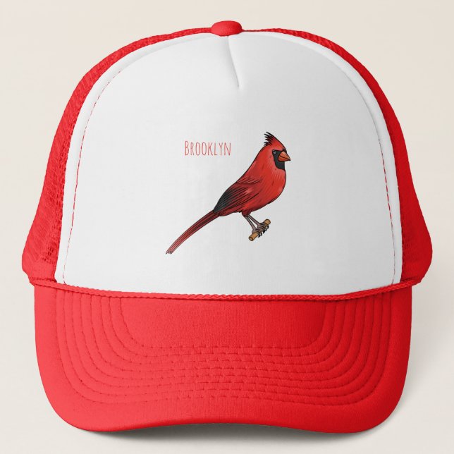 Northern cardinal bird cartoon illustration trucker hat (Front)