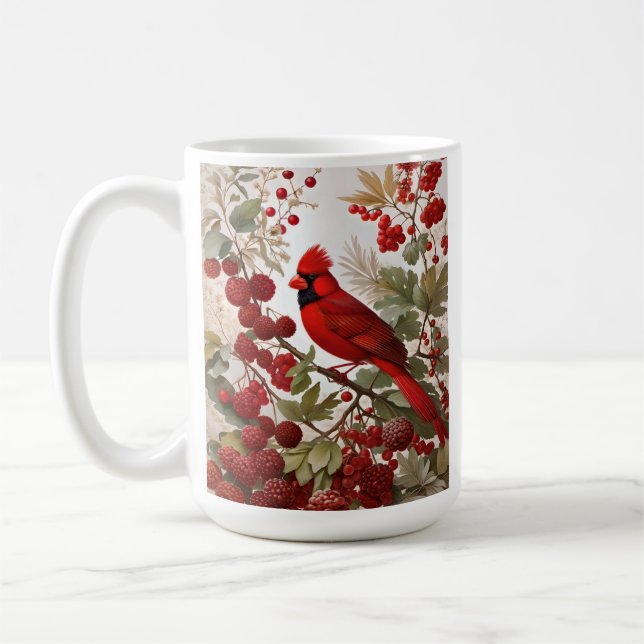 Northern Cardinal Bird Red Berries Coffee Mug (Left)