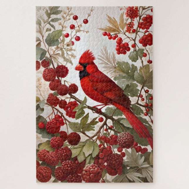 Northern Cardinal Bird Red Berries Jigsaw Puzzle (Vertical)