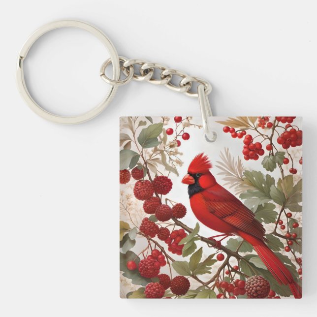 Northern Cardinal Bird Red Berries Keychain (Front)